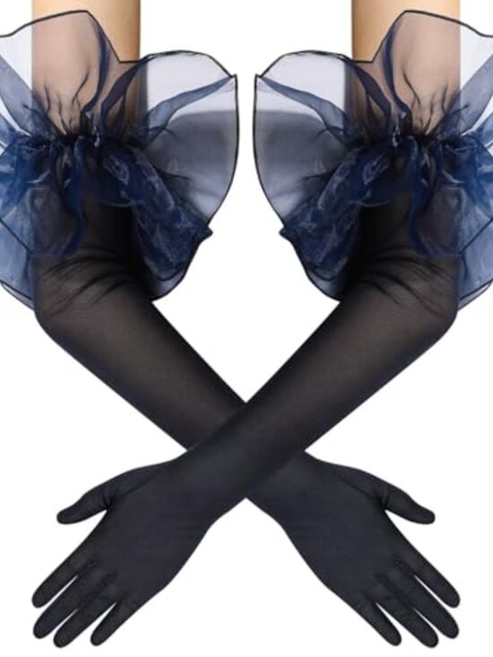 Accessories - Women's Long Puff Sleeve Oversize Ruffle Cuff Sheer Gloves Tulle Mesh Gloves
